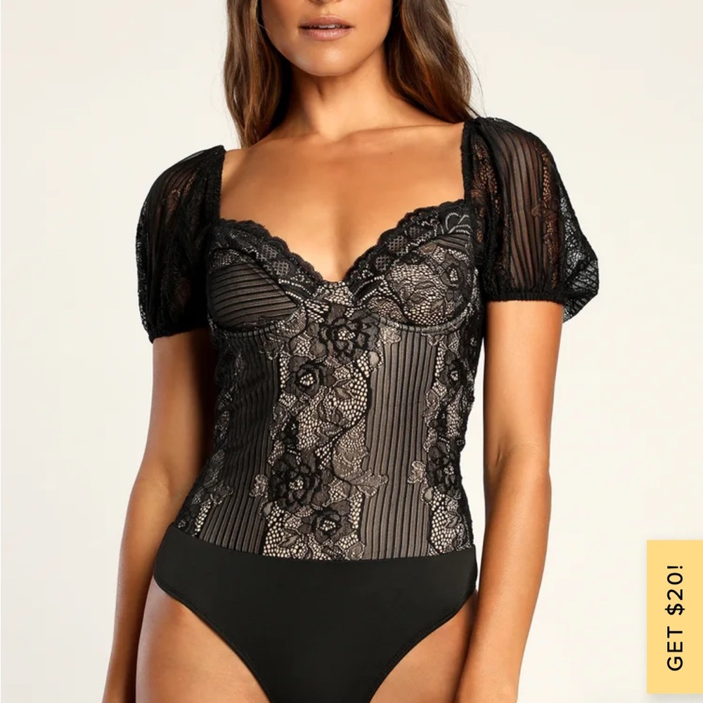 Debonair Darling Black Floral Lace Puff Sleeve Bodysuit NWT